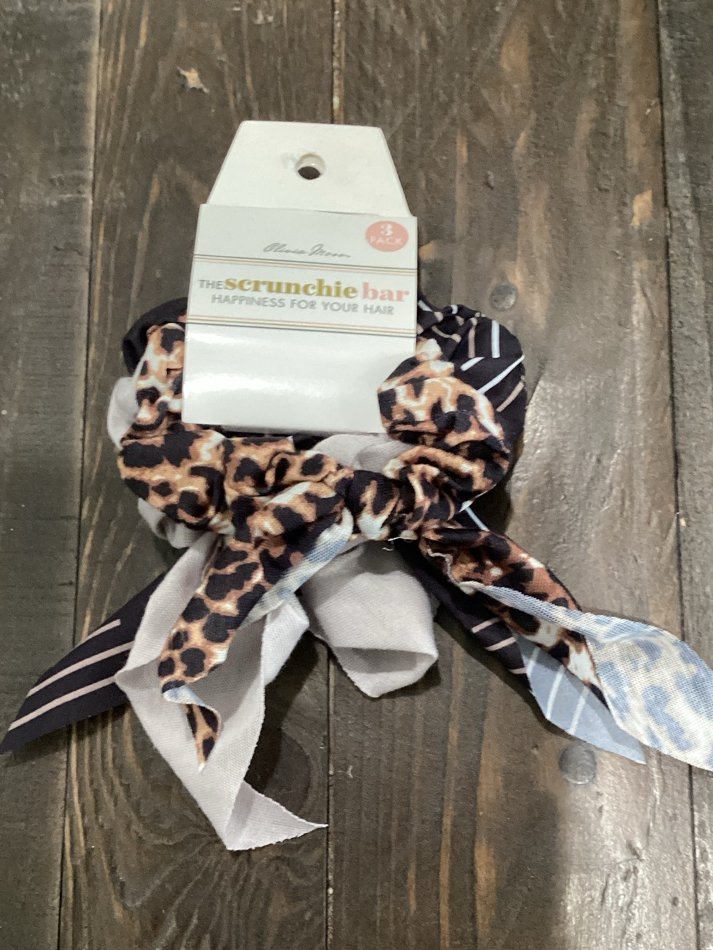 Olivia Moon Mixed Print Hair Scrunchie Set in Leopard, Black & Light Blue
